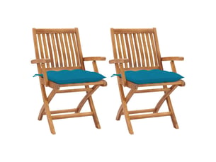 Lot de 2 chaises pliantes de jardin, chaise d'extérieur avec coussins bleu clair, en bois de teck massif cf31968