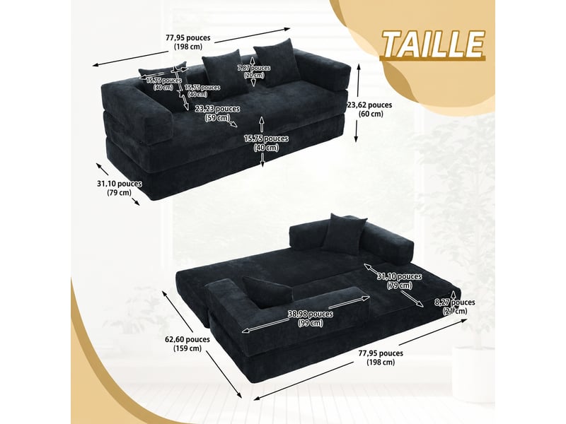  Canapé modulaire en chenille, 2 places en mousse, convertible en lit, noir  - Conforama D