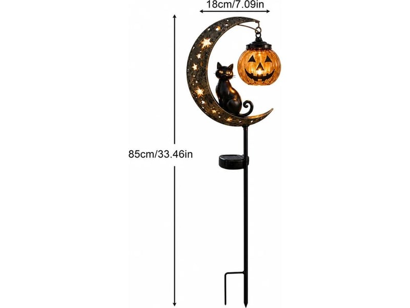 Lampe solaire de jardin halloween avec chat noir, citrouille et lune, piquet lumineux led étanche en métal pour pelouse, allée et terrasse - Conforama E
