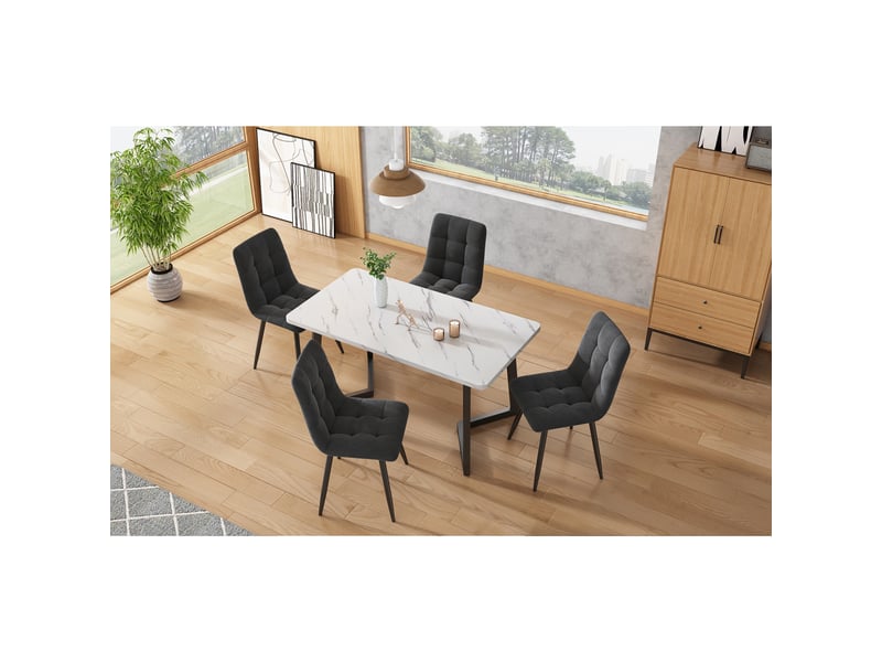  Lot de 4 chaises de salle à manger en velours gris – design moderne capitonné avec pieds en métal noir et protection des sols  - Conforama D