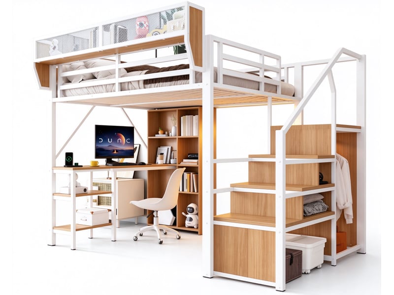 Lit mezzanine 140x200 cm avec escalier de rangement, bureau intégré, bibliothèque ouverte, étagère haute, led, prise et garde-corps, métal, blanc Morn Vibe - Conforama A