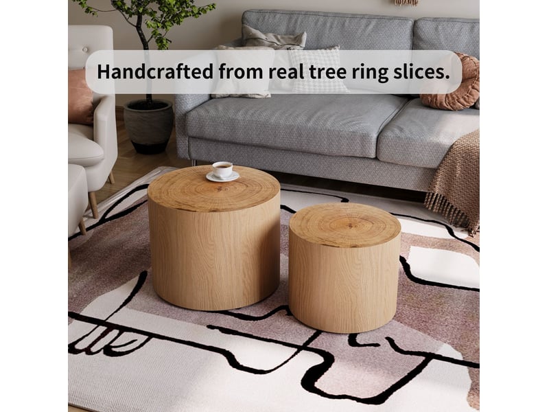  Table basse lot de 2 pièces format gigogne forme ronde style moderne bois naturel motif d'anneau de tronc  - Conforama E