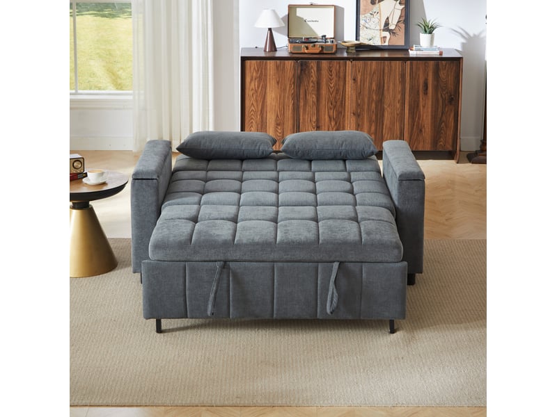 Canapé convertible 2 places 3 en 1 avec rangement dans les accoudoirs et poches latérales en chenille gris  - Conforama E