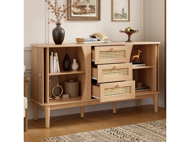  Buffet de rangement 141x40x77 cm, façades en rotin, portes coulissantes, 3 tiroirs pour salon et salle à manger - naturel GL1745O-1 - Conforama B