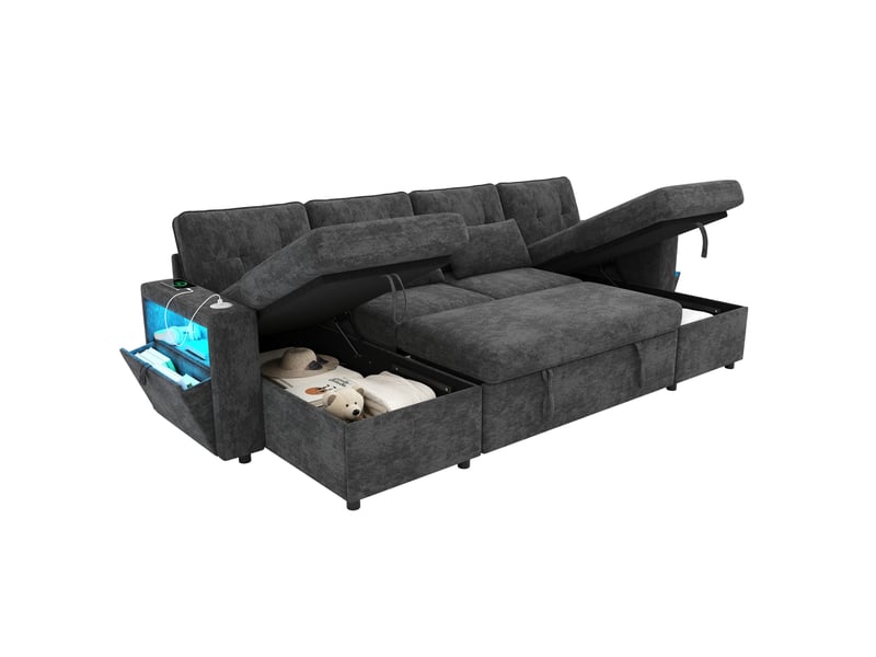 Canapé convertible en u modenvie 4 places avec 2 méridiennes, rangement, led et usb type-c, chenille gris 273 x 131 x 83 cm - Conforama A