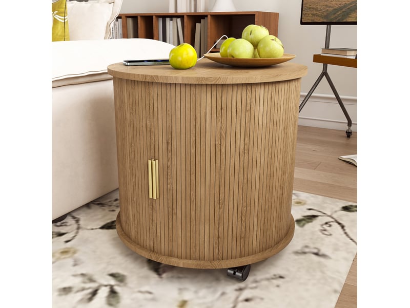  Table de chevet tcqpz ronde 60 x 60 x 60 cm avec prise ac et 2 ports usb porte coulissante rangement mdf aspect chêne  - Conforama D