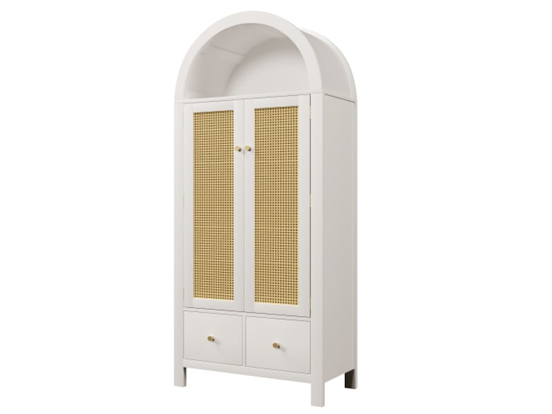 Armoire 181x78x45 cm style campagnard blanc, tressage en rotin, 2 portes magnétiques + 2 tiroirs, étagère semi-circulaire  - Conforama A