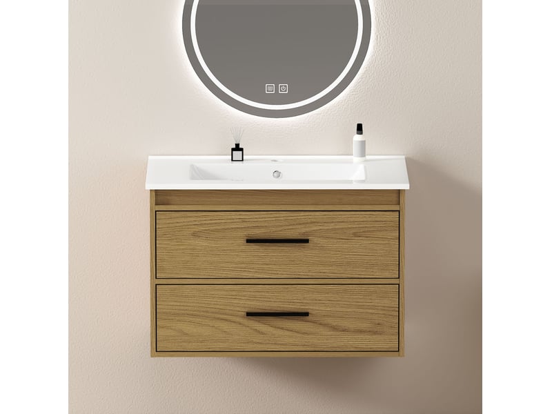 Armoire de salle de bain avec 2 tiroirs à fermeture silencieuse, rangement en mdf et céramique, chêne clair, 75 cm - Conforama B