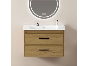 Armoire de salle de bain avec 2 tiroirs à fermeture silencieuse, rangement en mdf et céramique, chêne clair, 75 cm