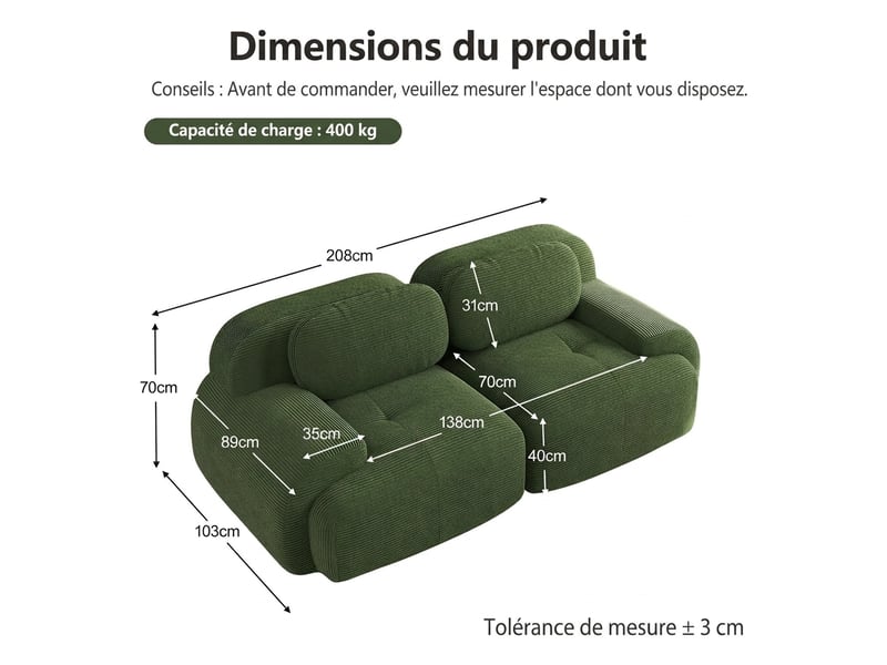  Canapé 2 places velours côtelé modulable sans cadre avec accoudoirs incurvés vert  - Conforama D