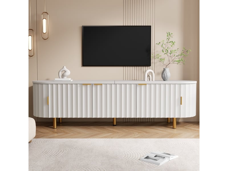  Meuble tv bas en mdf, 5 portes, façade rainurée, côtés arrondis, pieds et poignées en fer, buffet multimédia 170 x 40 x 47 cm  - Conforama E