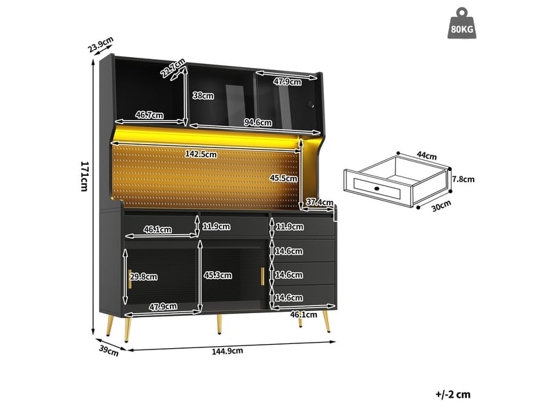 Armoire moderne avec éclairage led contrôlable par application, tiroir, étagères rangement, panneau perforé, 145x39x171 cm, noir - Conforama D