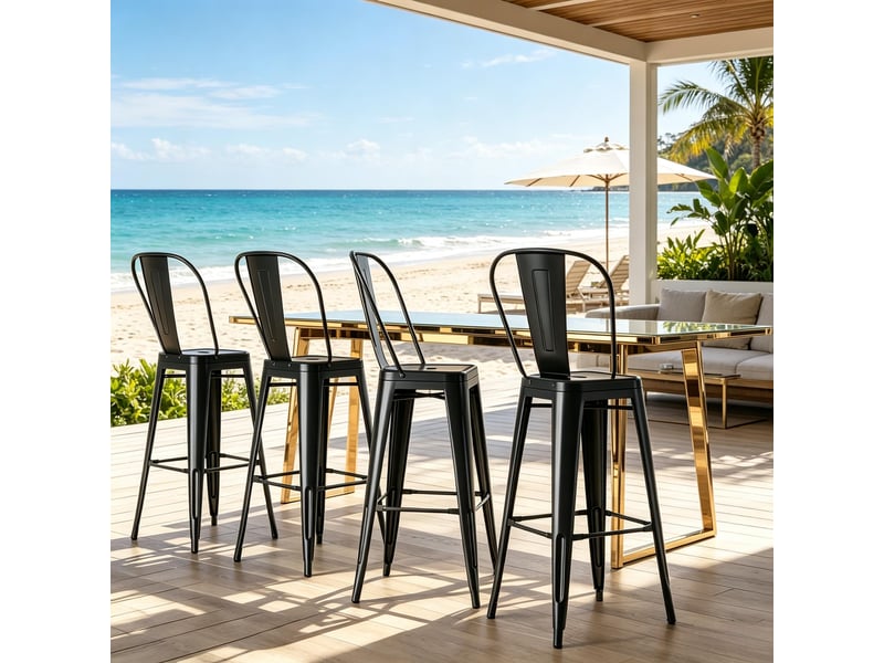  Tabouret de bar industriel lot de 4 empilable avec dossier amovible et repose-pieds en métal noir  - Conforama C