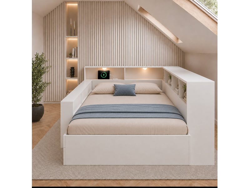  Lit 140x190 cm avec rangements, lampe de lecture et ports usb coloris blanc  - Conforama E