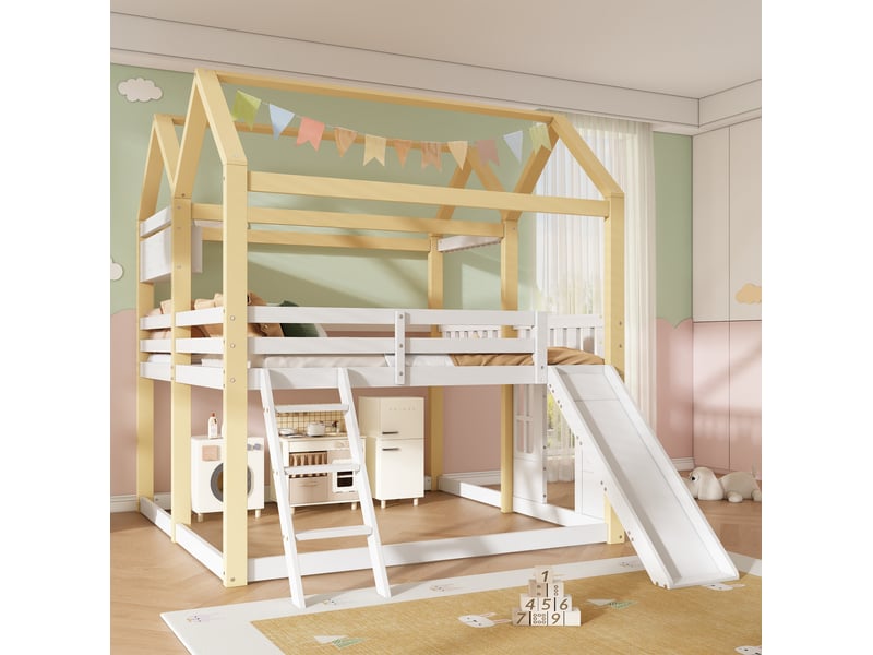  Lit mezzanine enfant 90 × 200 cm 1 place avec toboggan, échelle réversible et espace de jeu, sans matelas  - Conforama C