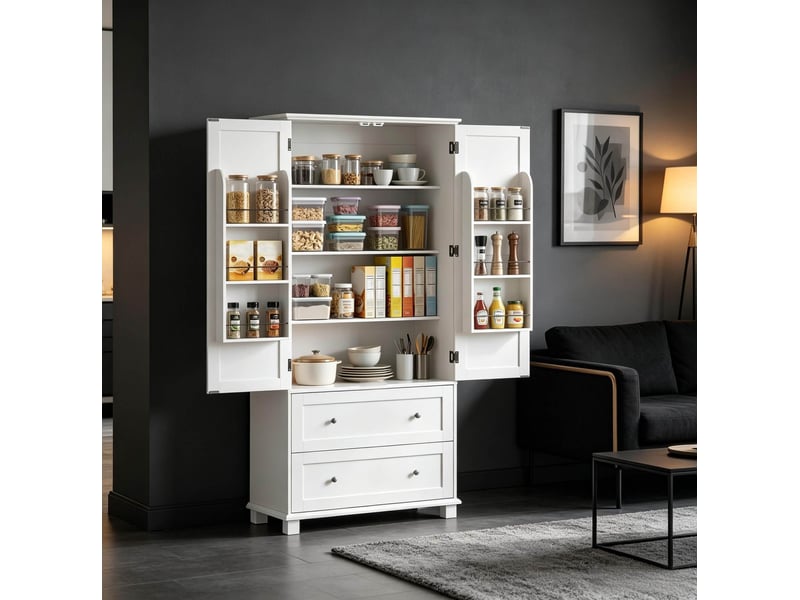  Buffet de cuisine 80x39,5x184,5 cm blanc mdf, 2 portes, 2 tiroirs, rangement avec étagères réglables  - Conforama D
