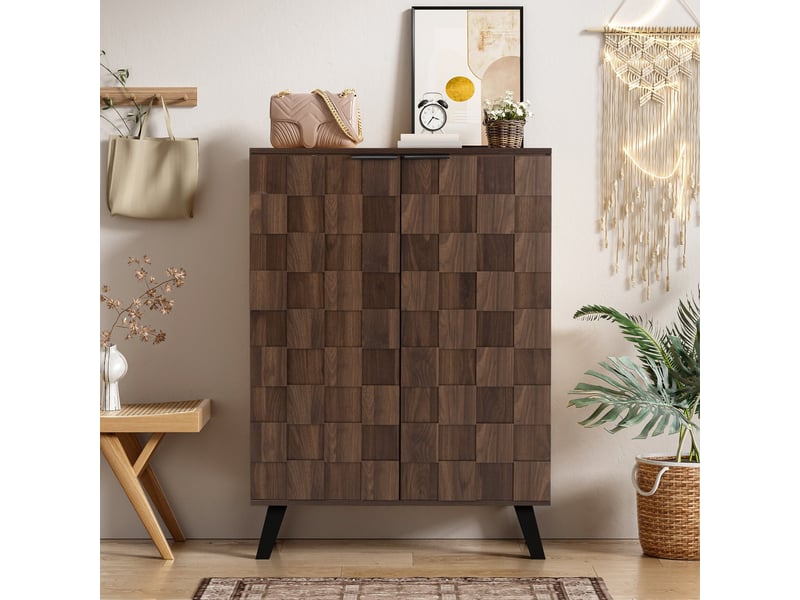  Meuble à chaussures 80x35,5x110 cm, 5 compartiments, 4 étagères réglables et pieds noirs, pour entrée et couloir - bois foncé  - Conforama B