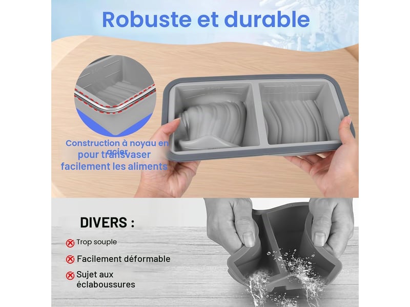 Moule à soupe en silicone avec couvercle, boîte à lunch compartimentée, 2 compartiments, 1000 ml, ensemble de 2 pièces, gris ZYS01845LHY - Conforama C