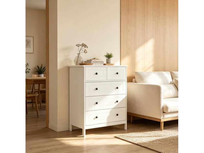  Commode blanche à 5 tiroirs 74 x 40 x 91 cm avec plateau de rangement, mdf et panneaux de particules  - Conforama E