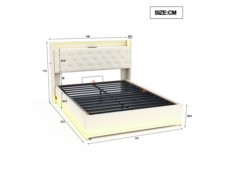 Lit rembourré 140*200 cm beige avec led, usb et rangement hydraulique, lin doux et résistant  - Conforama B