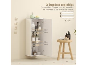 Meuble mural de salle de bain, étagère réglable en verre trempé, porte sans poignée, 30x23,4x71,2cm, moderne, blanc