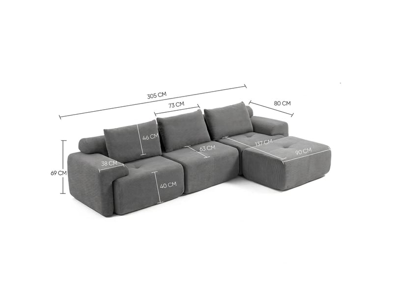  Canapé d'angle modulable 3 places gris foncé 305 cm - velours côtelé, mousse mémoire, canapé sans montage  - Conforama C