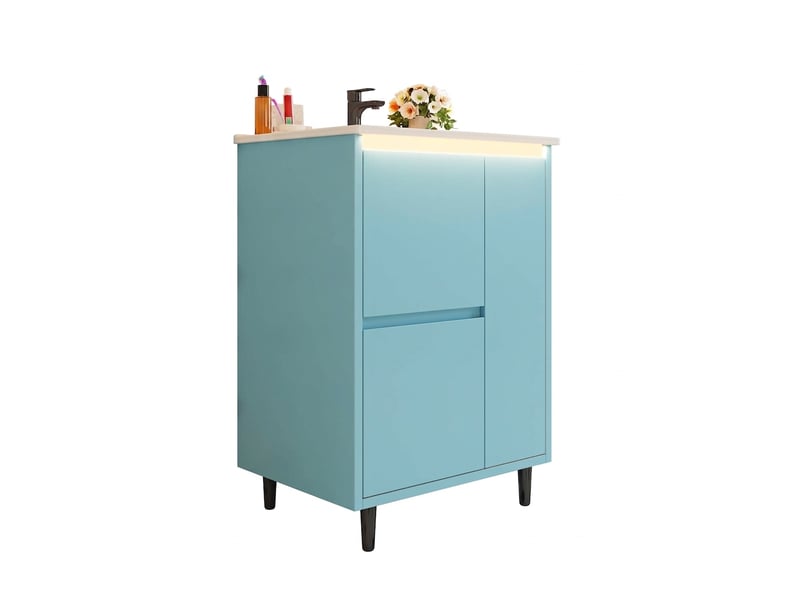 Meuble salle de bain bleu 61 cm avec vasque en céramique intégrée sur pied - Conforama A