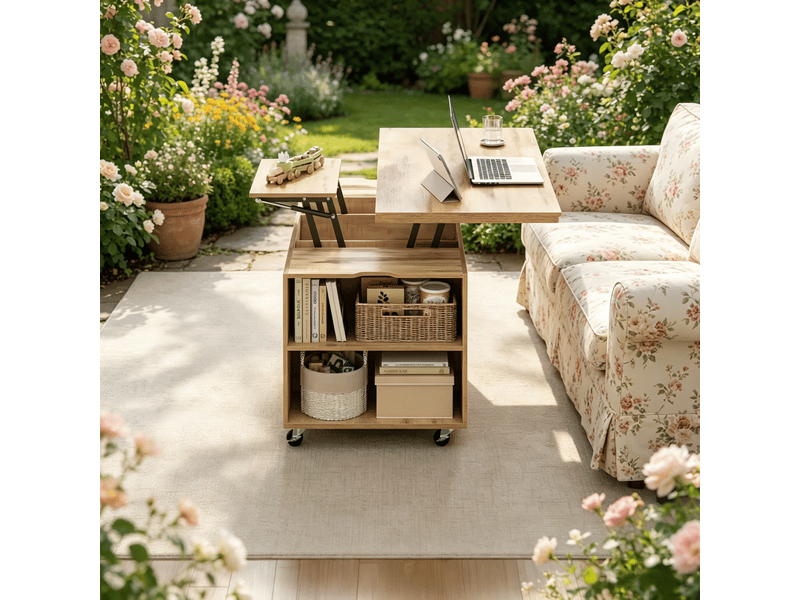 Table basse relevable avec 1 tiroir, rangements ouverts et roulettes verrouillables en bois clair et métal - Conforama D