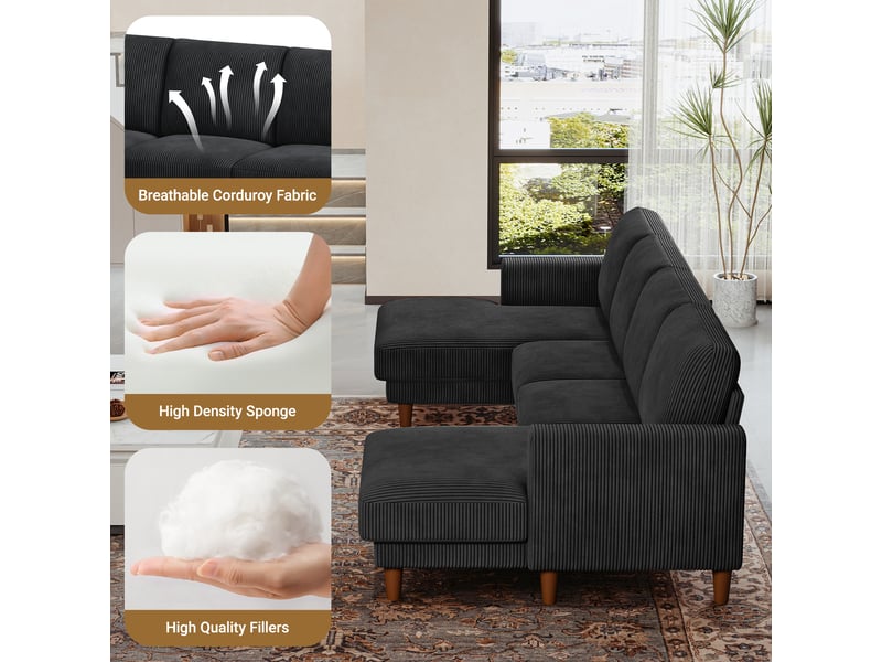  Grand canapé d'angle panoramique - 4 places - méridienne 109cm - en velours côtelé - 269x140x86 - noir 269x140x86cm - Conforama C