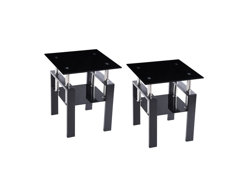  Lot de 2 tables d'appoint carrées 45 x 45 x 52 cm – noir – verre trempé, étagère basse et pieds métal  - Conforama A