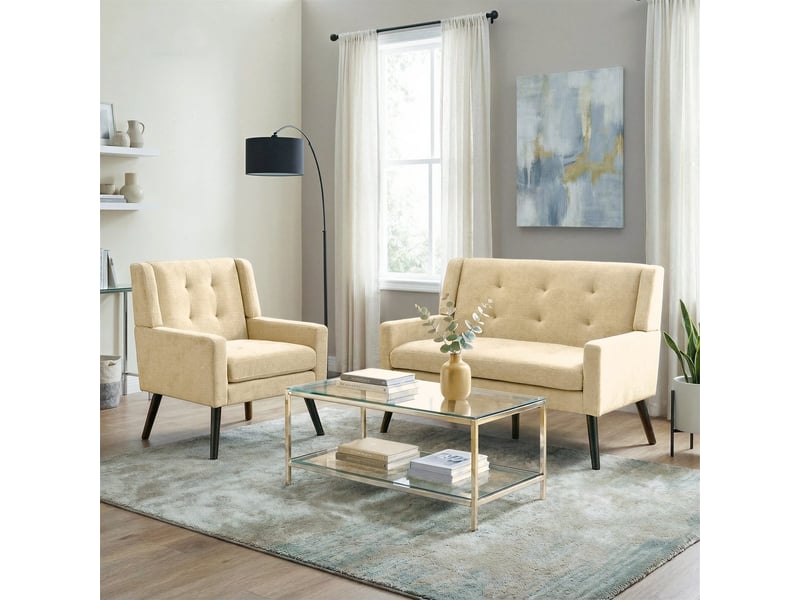  Lot de 2 fauteuils club (simple et double) – beige, tissu, mousse haute densité, pieds bois massif BES-CD-010-MBE3 - Conforama B