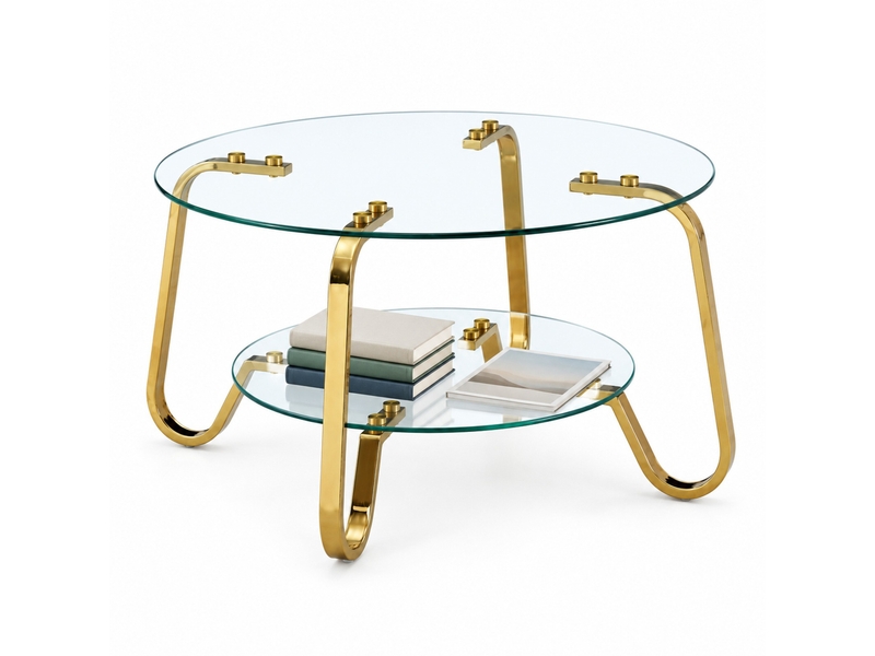  Table basse ronde à deux niveaux en verre trempé et métal doré 80 cm evryae  - Conforama A