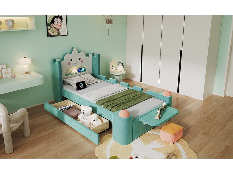  Lit enfant 90x200 cm bleu-vert en velours avec tiroir, led et usb  - Conforama W