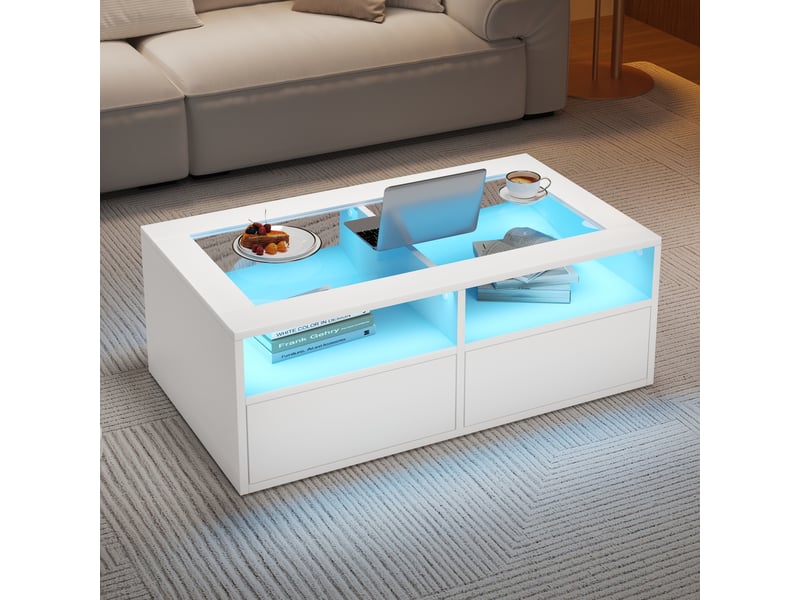  Table basse blanche avec led, table de salon en verre trempé avec 2 tiroirs et rangement ouvert, design moderne double couche, 100x50x35 cm  - Conforama R