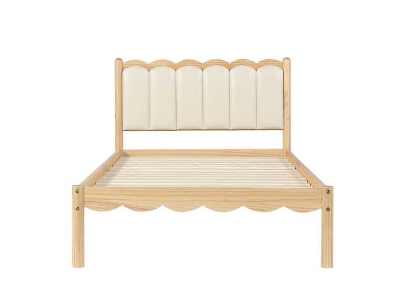  Lit enfant 90x200 cm avec tête de lit rembourrée en pu beige et bois naturel  - Conforama A