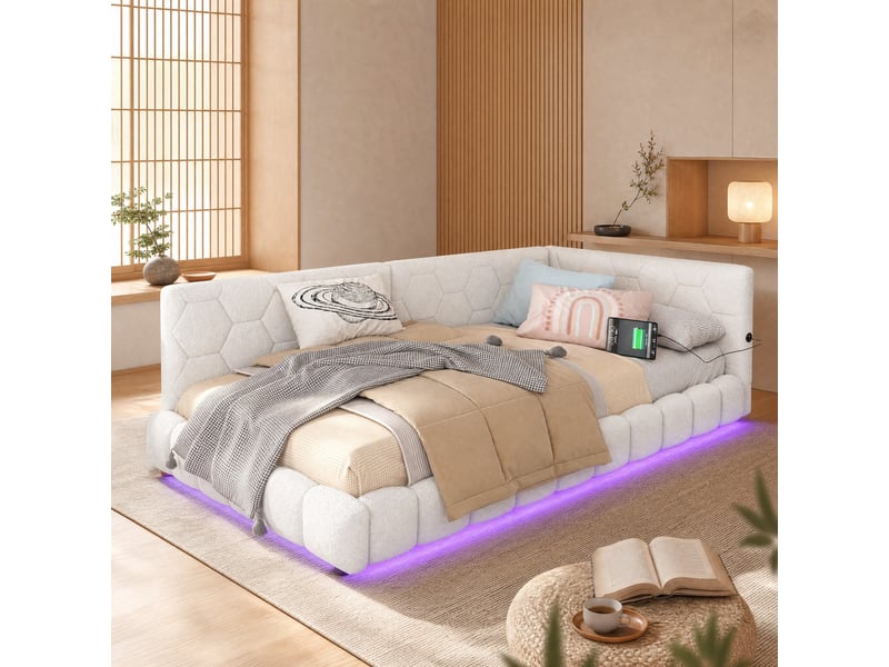  Lit banquette enfant 90x200 cm en velours blanc avec led 16 couleurs, usb et usb-c  - Conforama B