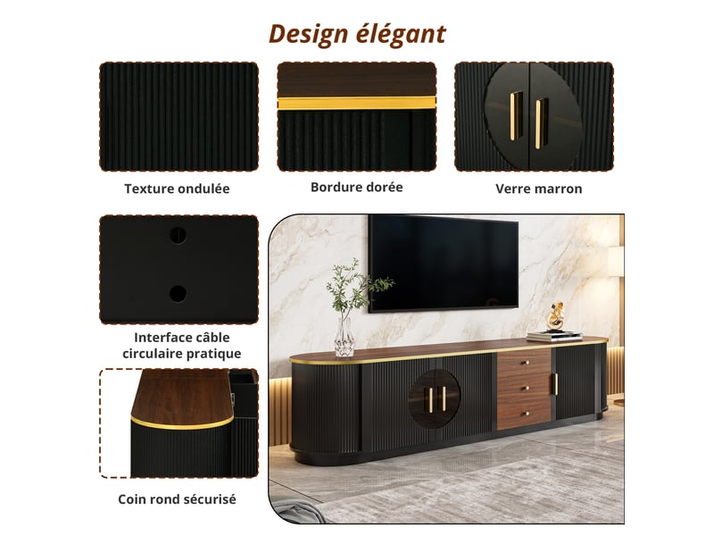  Meuble tv bas ovale luxe 180x40x46 cm en mdf noir avec verre brun, poignées aluminium, bords arrondis, rainures verticales et tiroirs  - Conforama E