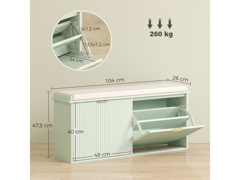  Banc à chaussures avec coussin d'assise rembourré et tiroir rabattable pour couloir, chambre, 104 x 26 x 47,5 cm, vert  - Conforama E