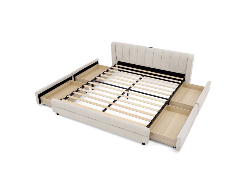  Lit 140x200 cm avec tête de lit en chenille, lit enfant avec sommier à lattes, lit 2 personnes avec prise usb, beige  - Conforama B