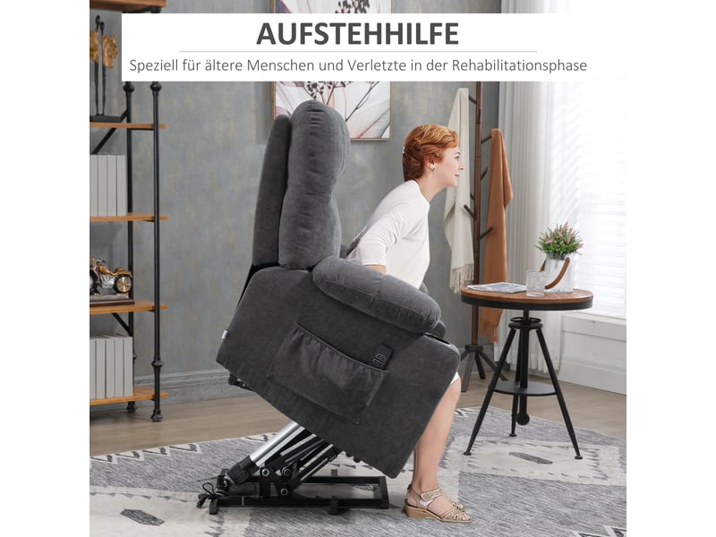 Fauteuil relax électrique releveur, massage chauffant, inclinaison à 135°, tissu gris foncé, pour salon et lecture - Conforama B