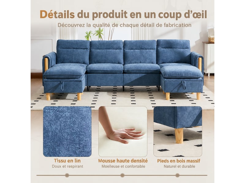  Canapé en u 4 places modulable, 2 poufs coffres, chenille bleue, 261 cm  - Conforama D
