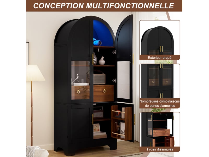  Buffet haut 76x40x180 cm avec 4 portes et 1 tiroir, led, mdf et panneau de particules, couleur noir, design rétro  - Conforama E