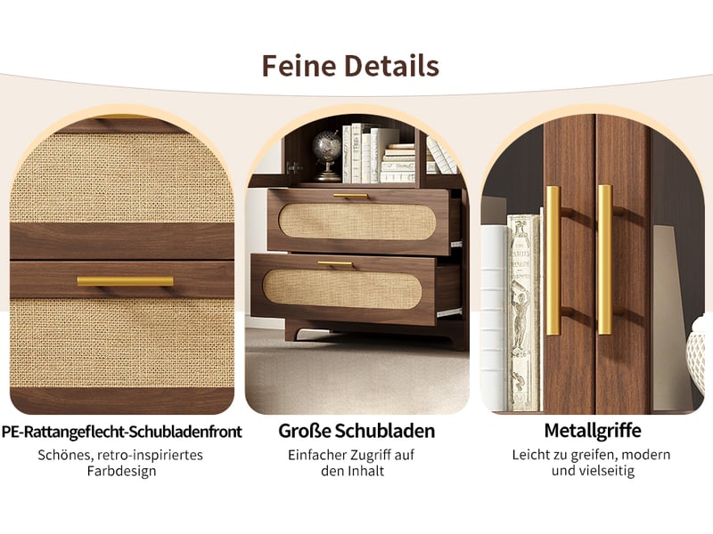  Buffet haut 175x80x40 cm avec 2 tiroirs et portes vitrées, armoire de rangement spacieuse et stable pour maison  - Conforama W
