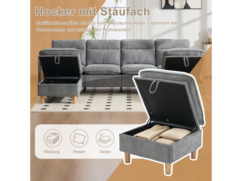  Grand canapé en u avec 2 poufs à rangement, modulable 4 places, pieds en bois, chenille gris  - Conforama D