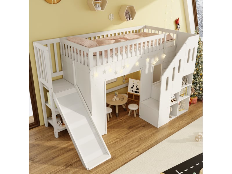 Lit mezzanine enfant 90x200 cm avec toboggan, escalier de rangement et led blanc - Conforama D