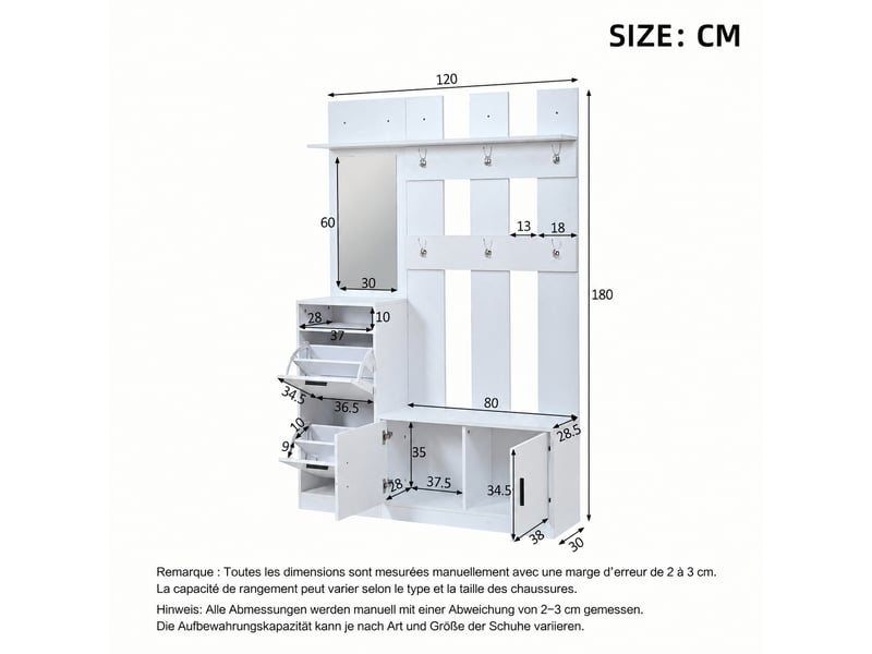  Meuble d’entrée avec miroir et rangement chaussures, 6 patères, 120 x 30 x 180 cm, blanc  - Conforama E