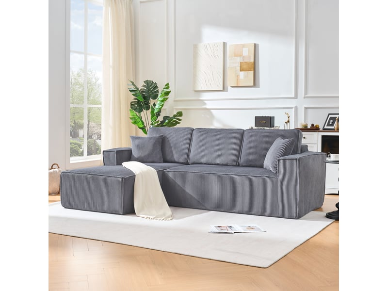  Canapé d'angle 3 places gris en velours côtelé, modulable avec méridienne, idéal pour votre salon au quotidien  - Conforama E