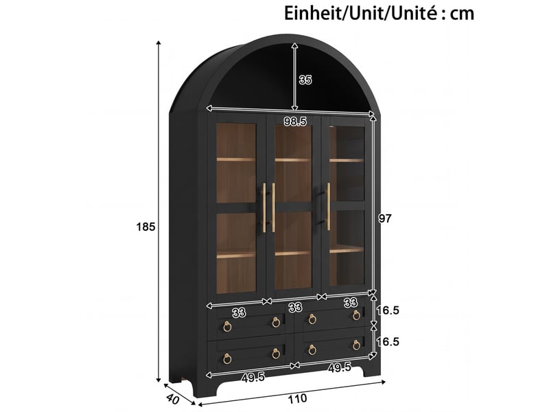  Buffet haut 3 portes vitrées et 4 tiroirs 110x40x185 cm noir  - Conforama C
