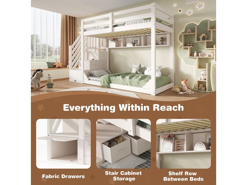  Lit superposé 90x200cm - avec escalier - lit superposé enfant - armoire - barrière de sécurité - compartiments de rangement - blanc  - Conforama E