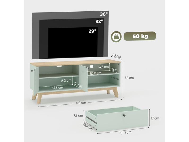  Meuble tv boioon rangement tiroir niche vert d'eau  - Conforama C
